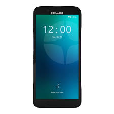Smartphone with a blue screen displaying the time on a white background